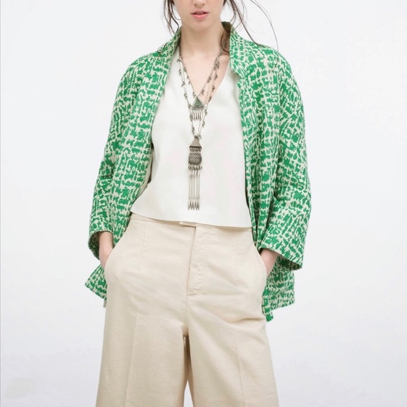 ZARA Green Jacquard tweed Jacket with Patch Pockets SZ M - Picture 2 of 16